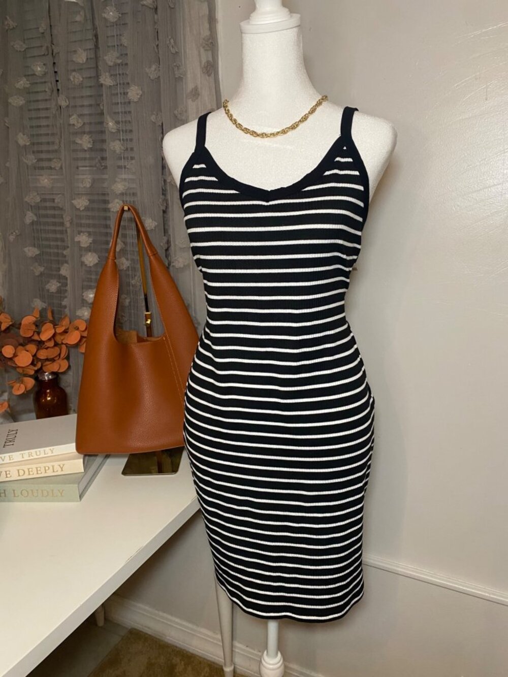 SHEIN Black & White Striped Ribbed Bodycon Midi Dress XL Summer